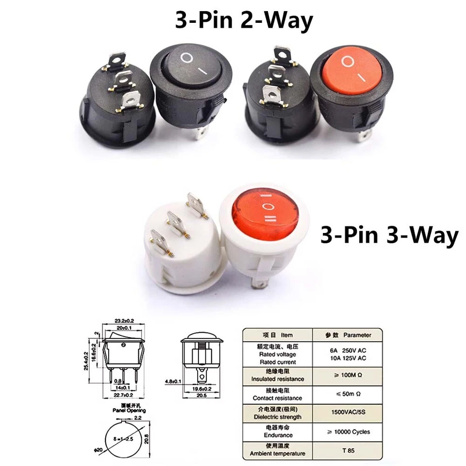 20mm 6A/250V 10A/125V ON/OFF Push Button Power Round Rocker Switch 2/3/4/6Pin - Image 2 of 4