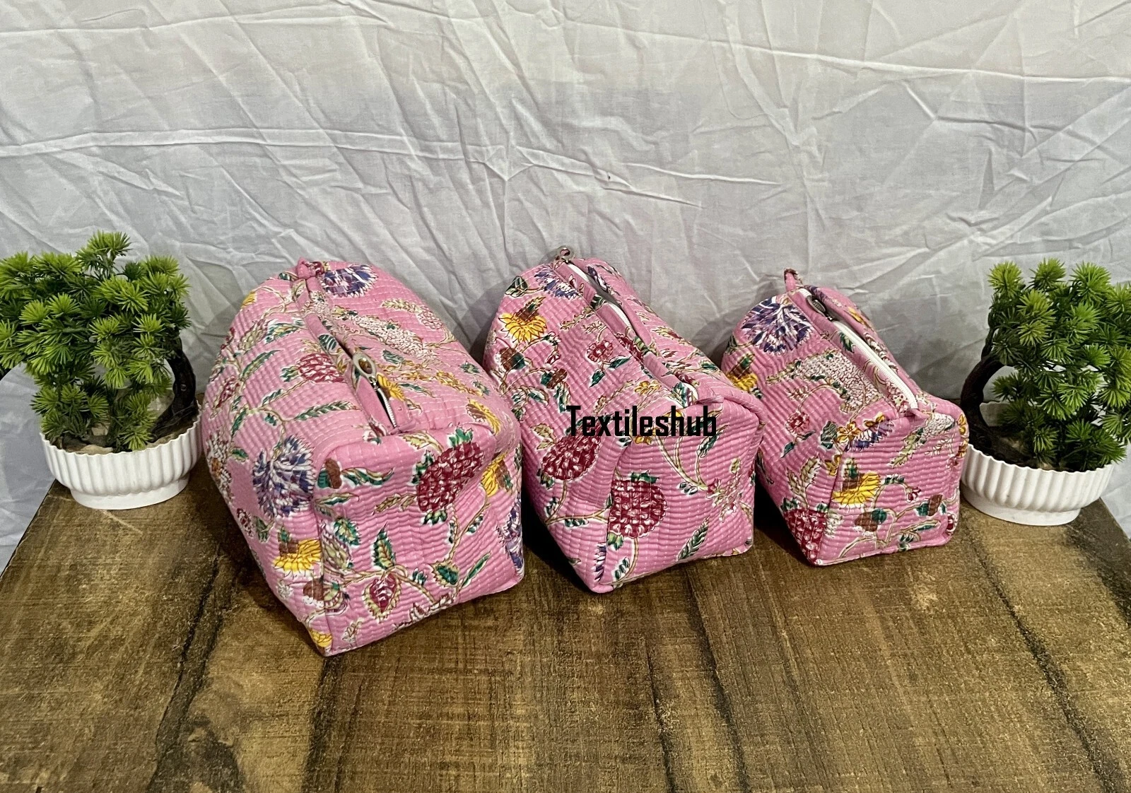 Indian Pink Floral Cotton Quilted Toiletry Purse Cosmetic Storage Bag Of 3 Pc US