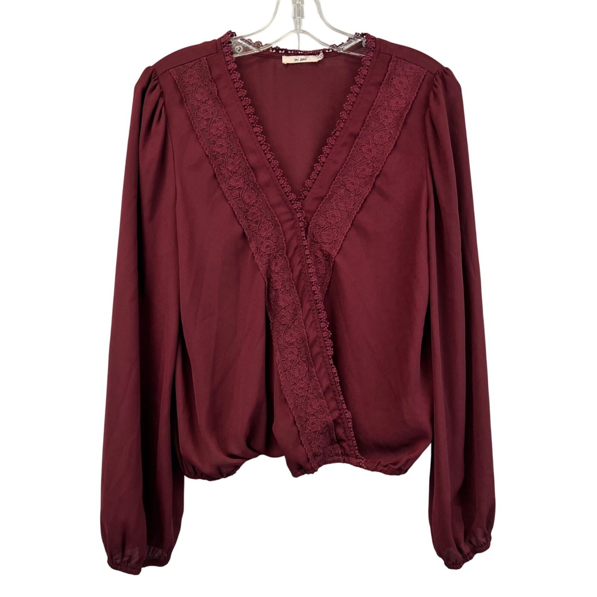 Mi Ami Women's Surplice Long Sleeve Lace Trimmed Top Wine