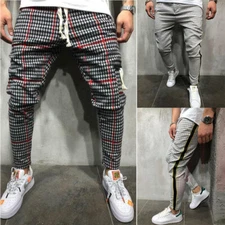 Men Casual Trousers Jogger Fashion Stripe Plaid Pattern Pants Sweatpant Slim Fit