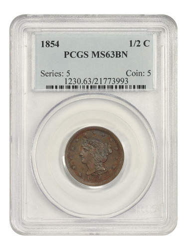 1854 1/2C PCGS MS63BN - Braided Hair Half Cent - Type Coin