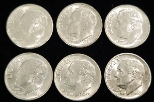 Lot of 6 Gorgeous BU Uncirculated Coins Silver Roosevelt Dimes! 1951 - 1960!