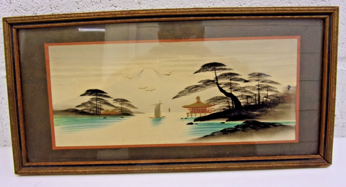 Antique Japanese landscape painting featuring Mount Fuji 1868-1912