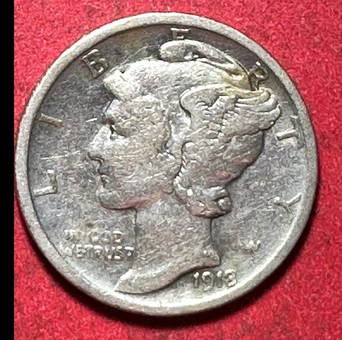 1918D US Mercury SILVER Dime FINE! "DENVER" Mint! Old US Coin!