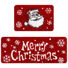 2 Pcs Merry Christmas Bathroom Rugs Set Soft Plush Santa Claus Bath Mat with ...