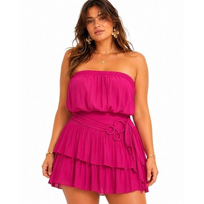 Ramy Brook Callie Dress XL Hot Pink Strapless Tiered Ruffle Mini Boho Chic Glam