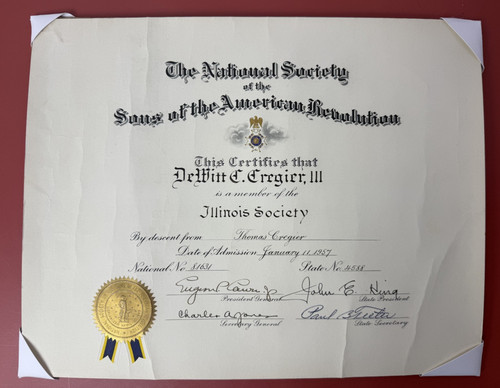 The Order of the Founders and Patriots of America 1956 Certificate Cregier III
