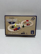 Wooden Train Track Set - 28 Piece Figure 8 Layout with Cars, Town, and Tracks