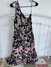 Loft Black Pink Floral Formal One Shoulder A-Line Elastic Waist Dress Small