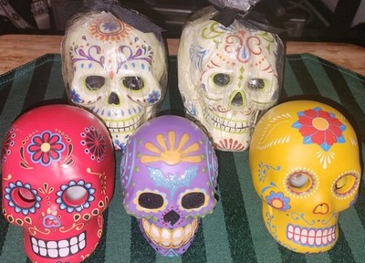 World Market  Day Of The Dead Skull Candle Halloween Flower Muertos (lot of 5)