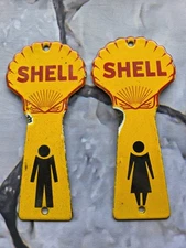 2-VINTAGE SHELL PORCELAIN SIGNS BATHROOM KEY FOB MENS LADIES BATHROOM  7.5x3.5"