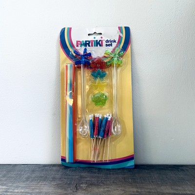 Vintage Novelty Partiki Set W/ Straws Umbrellas Drink Spoons And Fab Ice Cubes 