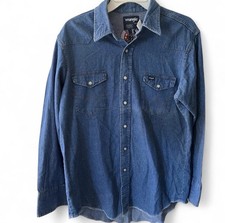 Wrangler Men Long Sleeve Blue Denim Western Pearl Snap Shirt 16 1/2 X 34 LARGE