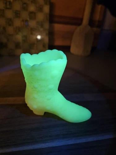 Fenton Lemon Custard Satin Daisy & Button Vaseline Uranium Glass Boot Glows