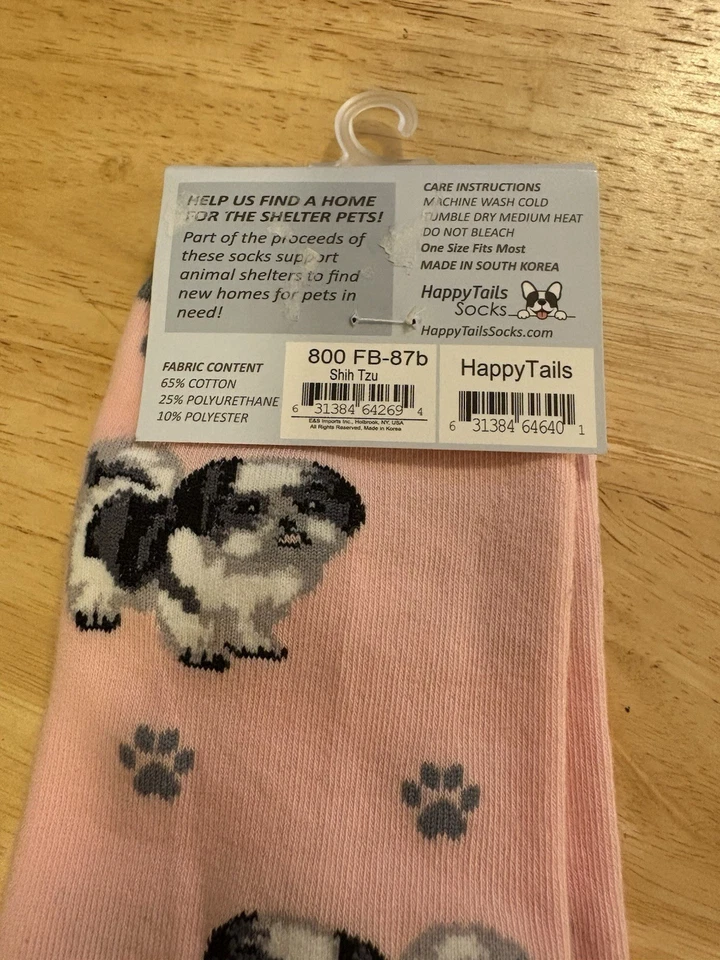 全新带标签 Happy Tails 袜 小腿 长度 粉色 黑白 Shih Tzu 狗 可爱 — 第 4/4 张图片
