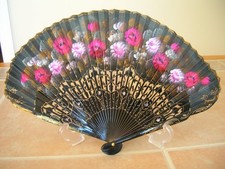 Vintage Black Pink Handheld Painted Folding FAN Floral Wood Cut Out Ribs Fabric