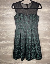 Green Black Damask Floral Mesh Sweetheart Dress Size 4 Whimsigoth Formal Flaw*