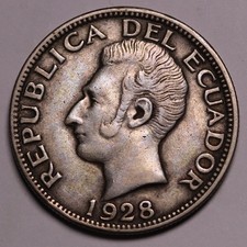 1928 Ecuador Silver 2 Sucres Coin KM# 73