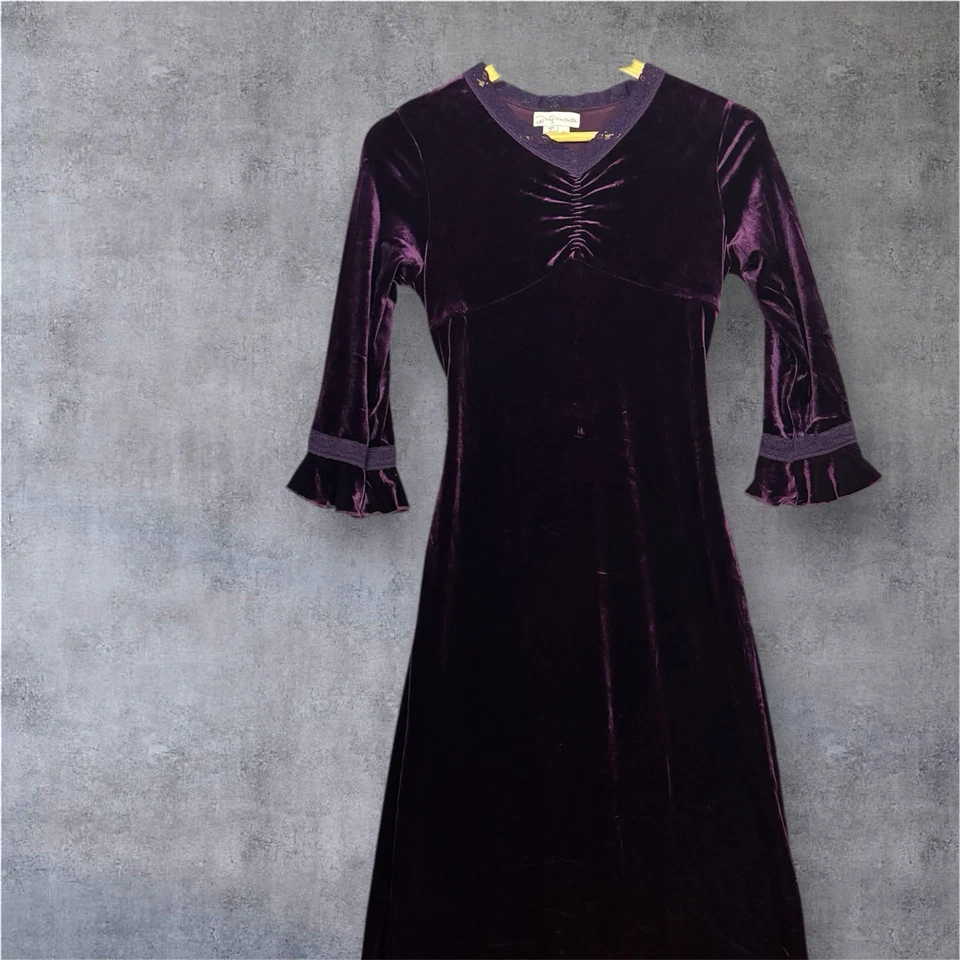 Y2K Velvet Maxi Dress Juniors 16 Deep Plum Purple Goth Witchy Lace Ruffle Ruched - Image 3 of 4