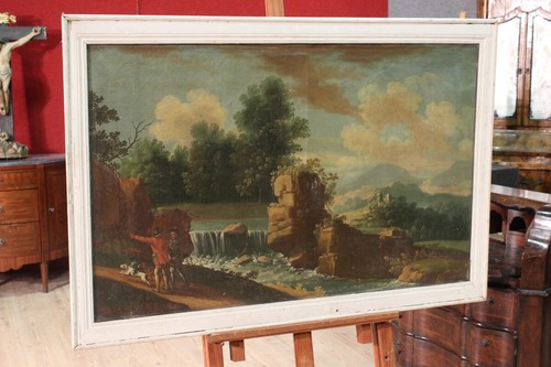 Antico dipinto italiano 700 cornice quadro olio su tela paesaggio cacciatori - Foto 7 di 12