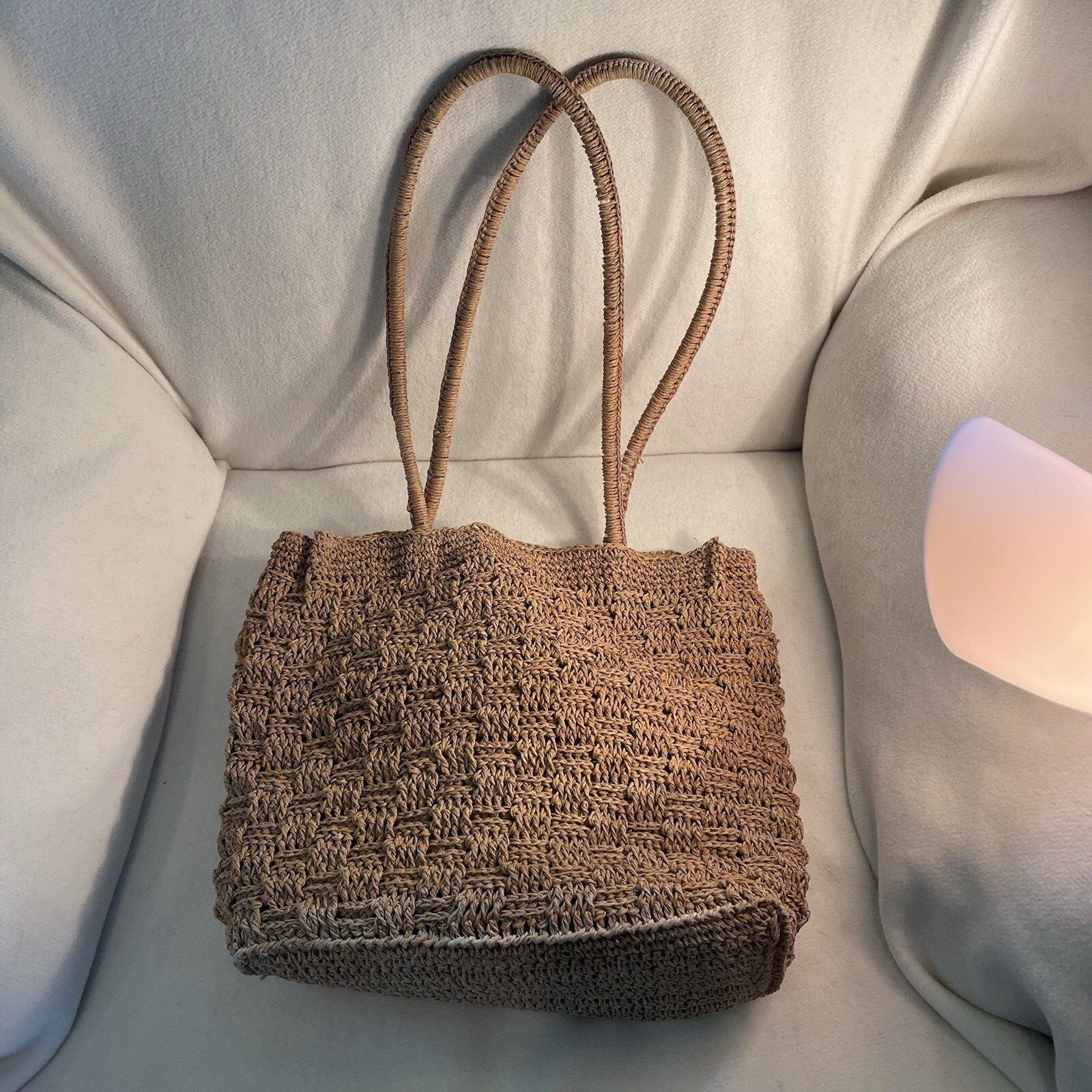 Women’s Natural Tan Woven Raffia Tote Bag/ Hand Crochet Shoulder Bag Beach Bag