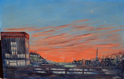 Cityscape at Night with Home Savings oil  by California artist Millie Unframed