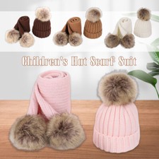 Kids Winter Hat Scarf Set Children Cute Pom Pom Knitted Thick Warm Hat Scarf