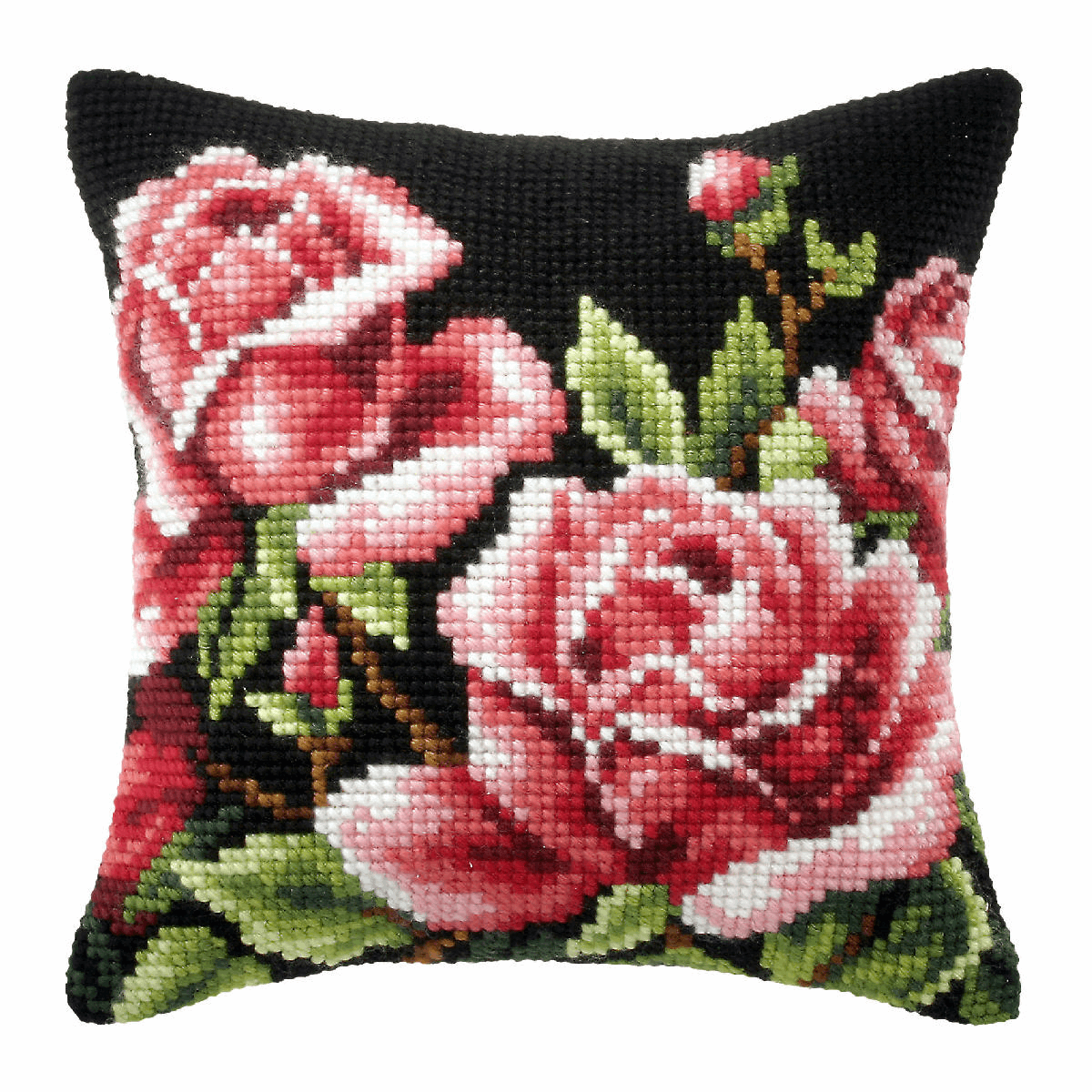 Orchidea Cross Stitch Kit: Cushion: Large: Roses on Black Background