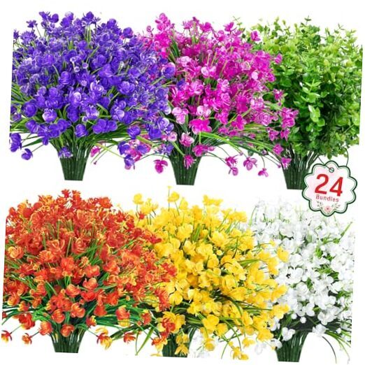 24 Bundles Artificial Flowers for Outdoors Decoration UV Resistant Multi Color