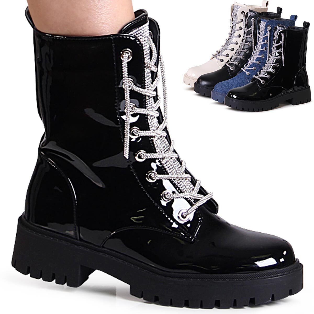 Leather Plateau Boots GefÃ¼ttert Schwarze Stiefeletten Lack Boots