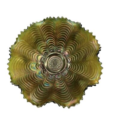 Northwood Nippon Pattern Green Piecrust Edge Glass Bowl Basketweave Back Scarce