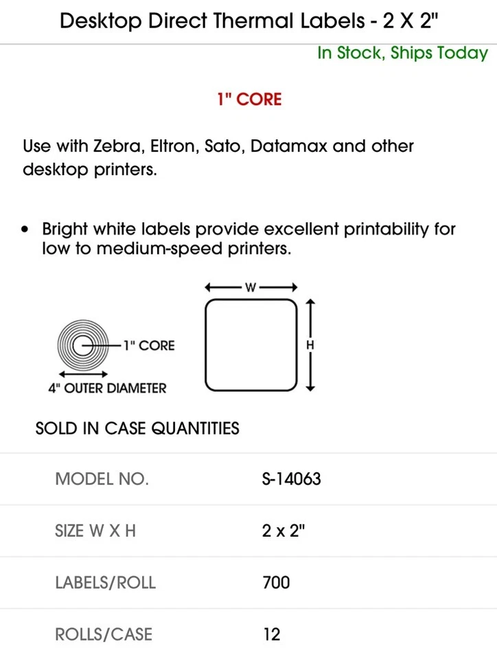 Case of Uline S-14063 Desktop Direct Thermal Printer Labels 2 x 2 White 12 Rolls - Image 3 of 4