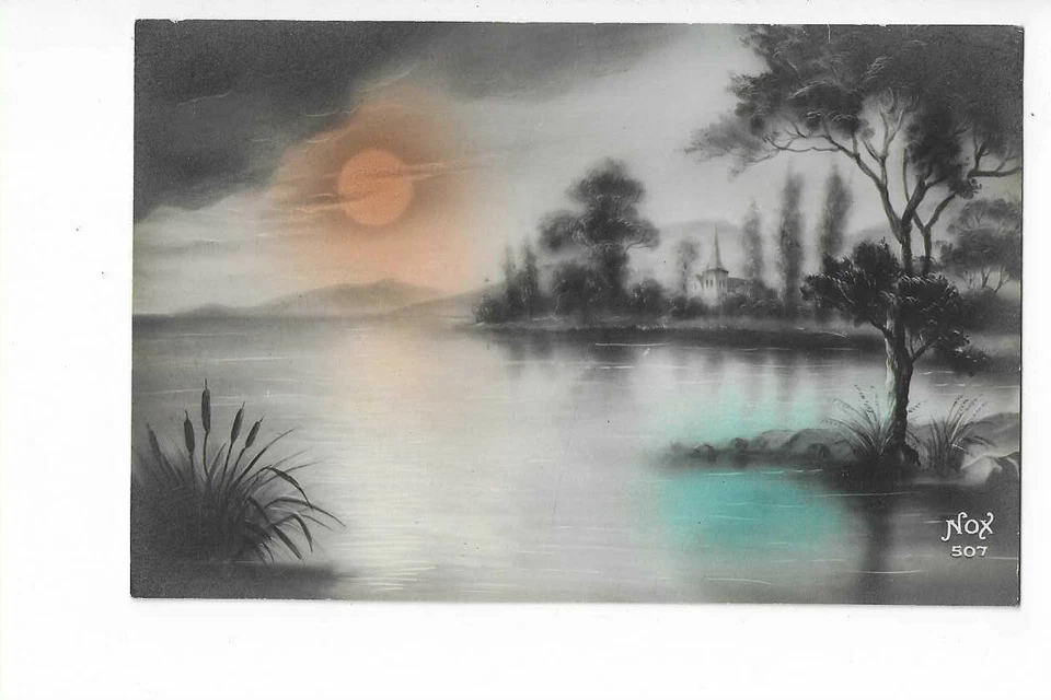 CARTE FANTAISIE PAYSAGE DE NUIT LAC ETANG - Photo 1/1