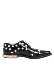 Dolce & Gabbana Black Leather Faux Pearl Dress Broque Women's Shoes Authentic