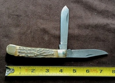Vintage 2 Blade Large Damascus Stag Scale ''Trapper'', No Maker's Name