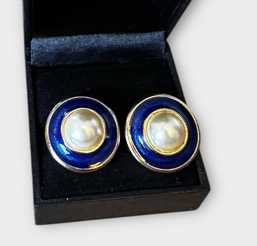 Vintage Statement Earrings Gold Tone Blue Enamel Faux Pearl Costume Jewellery - Picture 4 of 4