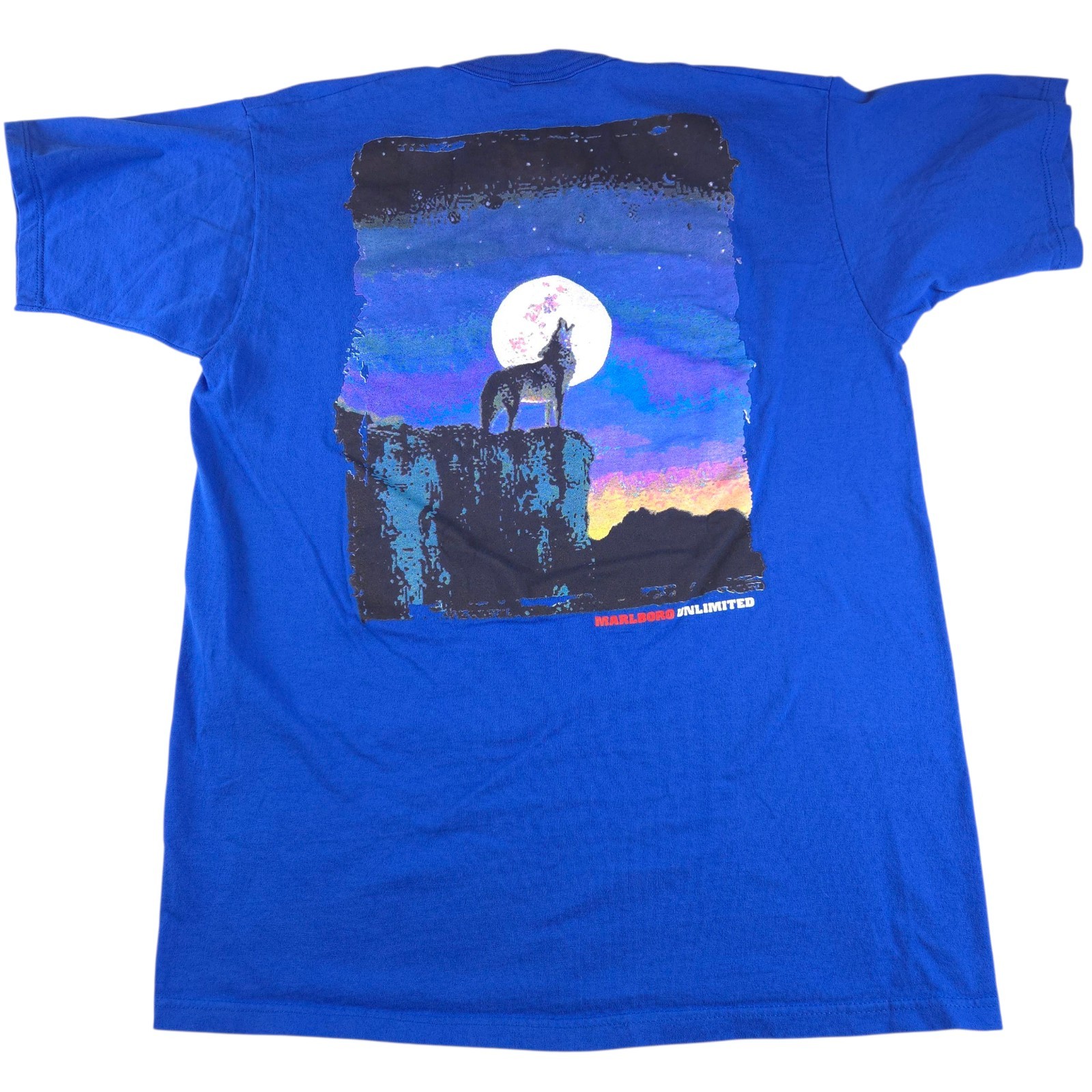 Vintage 90s Marlboro Unlimited Pocket T-Shirt Size XL Blue Single Stitch Wolf