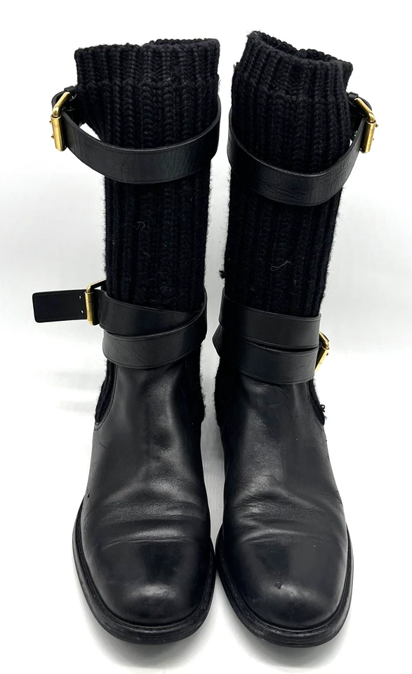 Bota de motociclista Gucci de cuero negro/tejido grueso con hebilla dorada logotipo GG a mitad de la pantorrilla talla 39,5 Foto 2 de 4