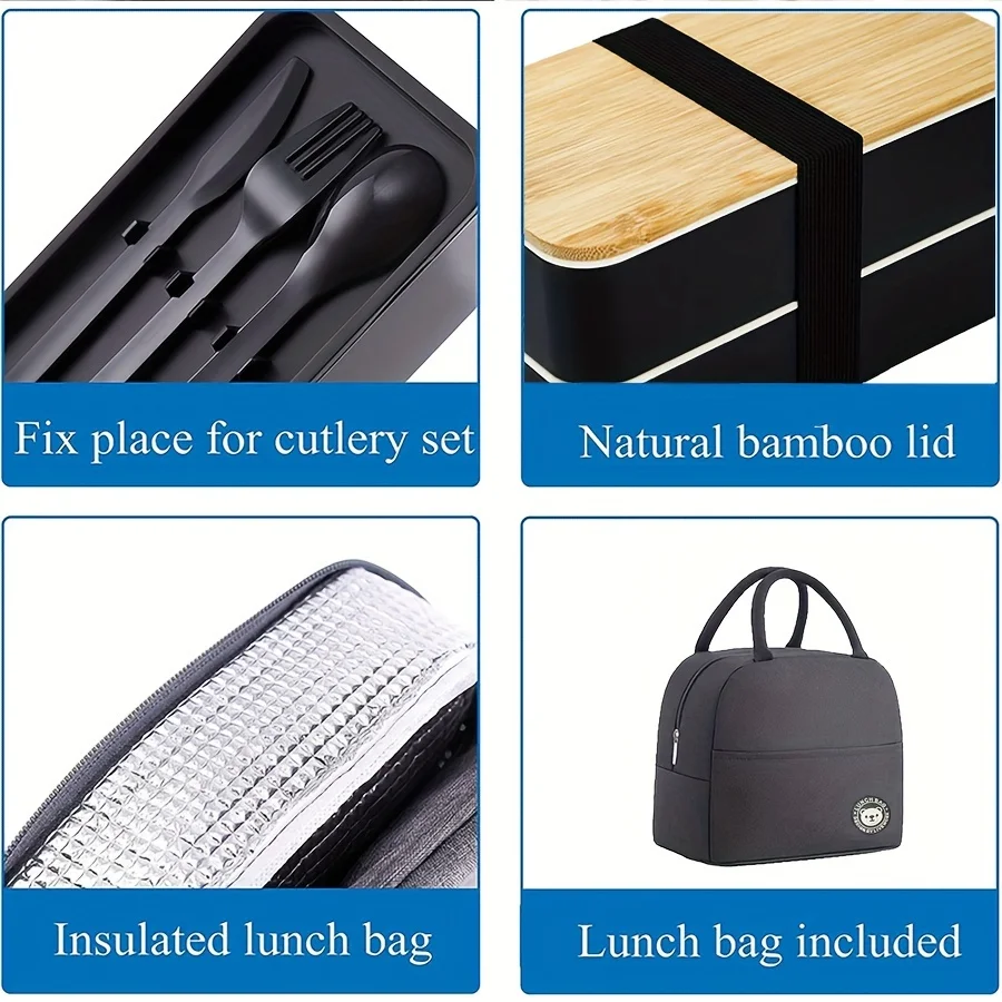 Insulated Microwave Bento Box Lunch Set with Stackable Dividers and Cutlery