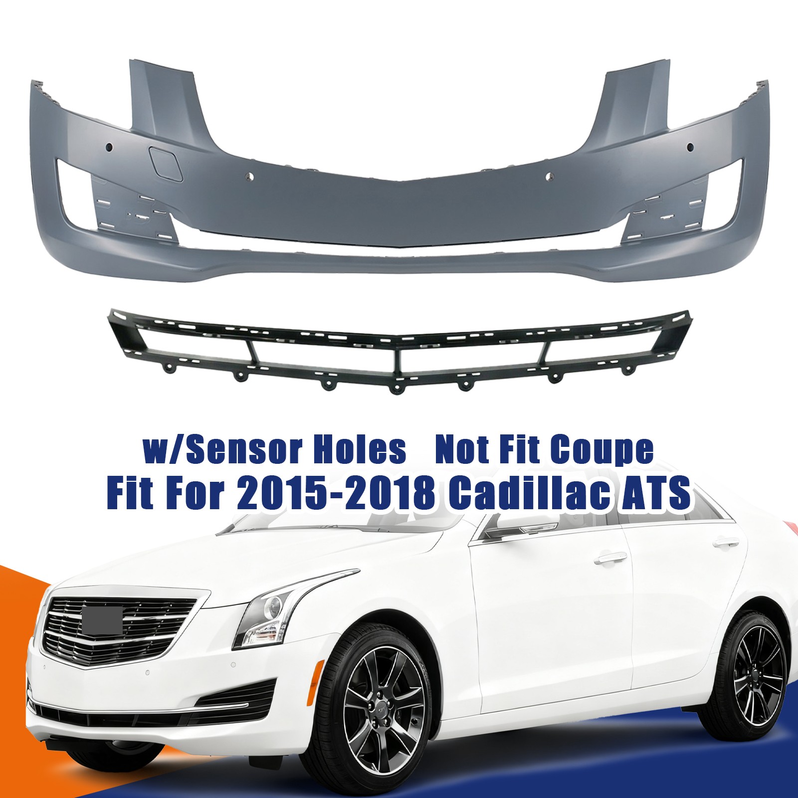 Front Upper&Lower Bumper Cover Grille For 2015-2018 Cadillac ATS w/ Sensor Holes