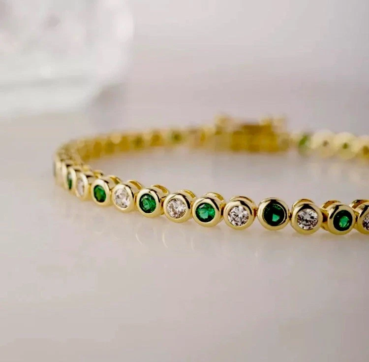 女士 14k 黄金饰面边框手链带圆形切割实验室制作翡翠 — 第 3/4 张图片