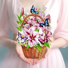 Greeting Cards Pink White Lilies and Colorful Butterflies, Forever Bouquet 3D...