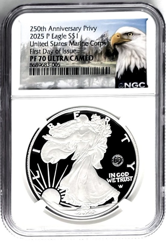 2025 P PROOF SILVER EAGLE US MARINE 250TH ANNIV. PRIVY FIRST RELEASES SNGC PF70
