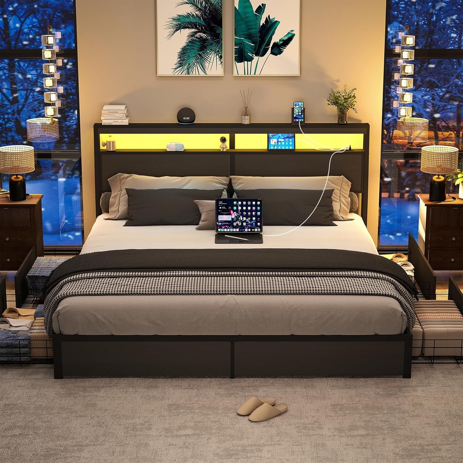 Full Size LED Bed Frame with Storage Headboard and 4 Drawers Charging Station