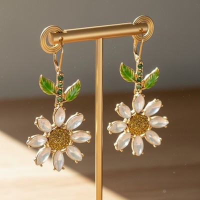 Betsey Johnson Earrings Gold-Tone Crystal Daisy Drop Floral Leverback