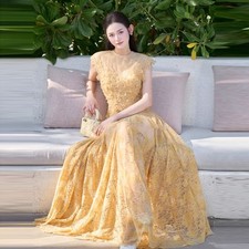 French Women's Lace Floral Fresh Green Dress Luxury Retro Party Long Skirt Dress