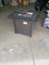 Brown Square Outdoor Propane Fire Pit Table Metal Wicker Standing