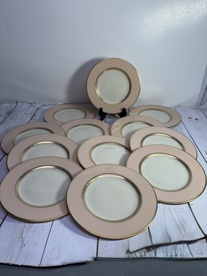 Lenox Caribbee Bread And Butter Plates (12) Pink Rim Gold Trim And Rope Verge