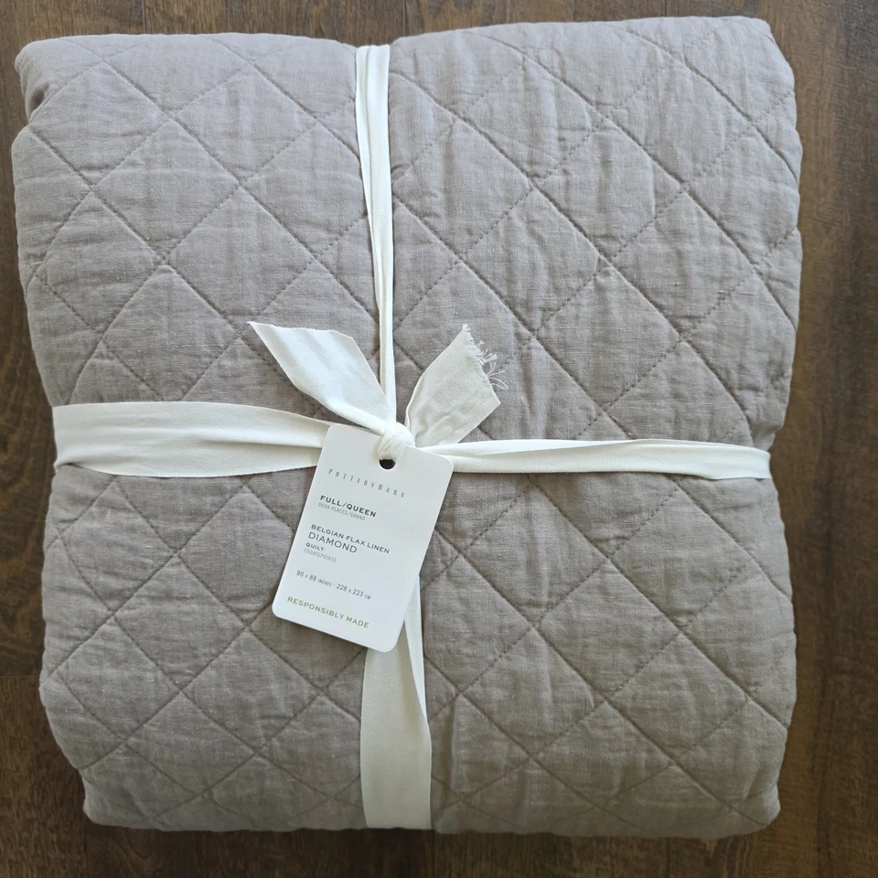 Pottery Barn Belgian Flax Linen DIAMOND QUILT-Full/Queen - Warm Gray  - NWT - Image 3 of 3