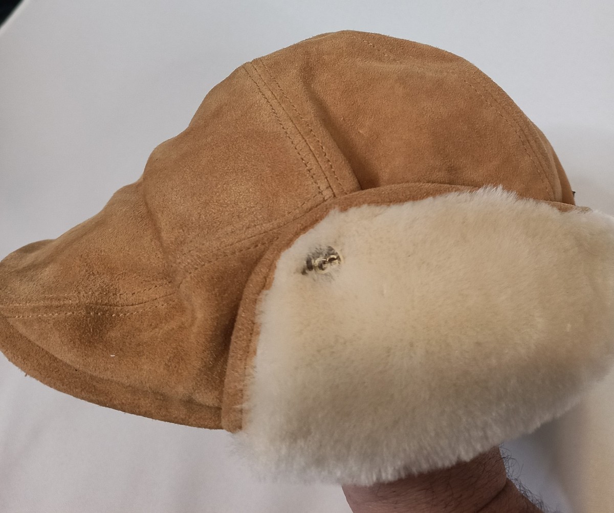 UGG Suede Driving Hat With Snap Up Shearling Sheeps Wool Neck Flap